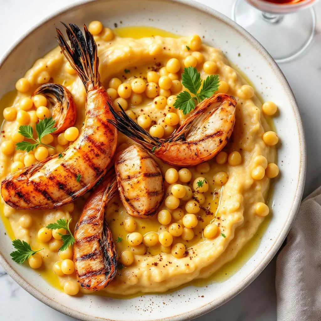 Fruits de Mer à la Grille avec Purée de Pois Chiches
